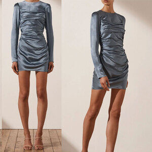 SHONA JOY NWT Blue Smoke Ruched Satin Long Sleeve Mini Dress Size 4